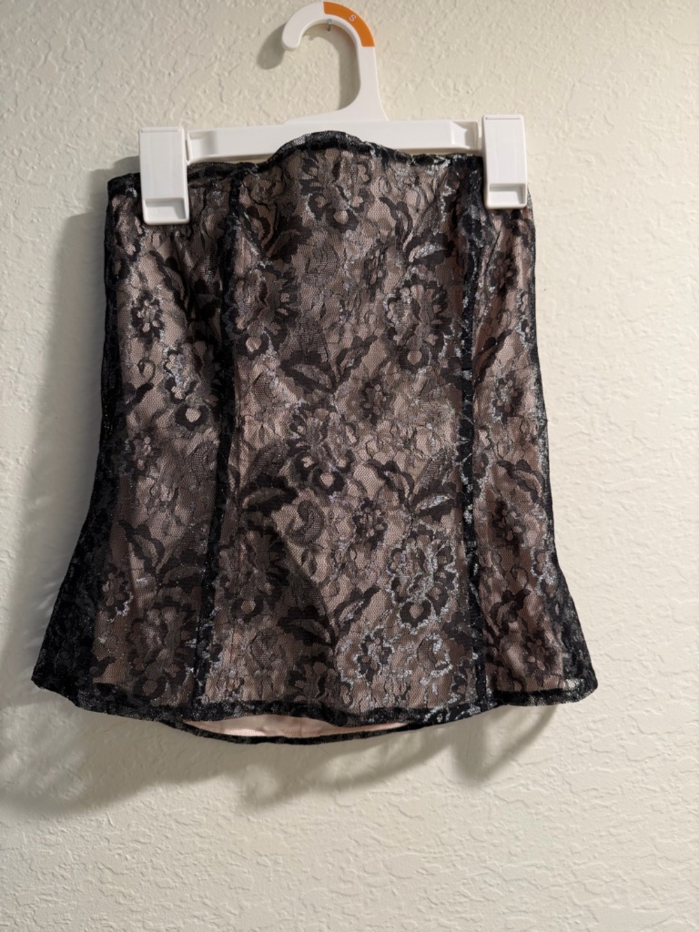 Express Black Lace Strapless Corset Top with Blush Lining